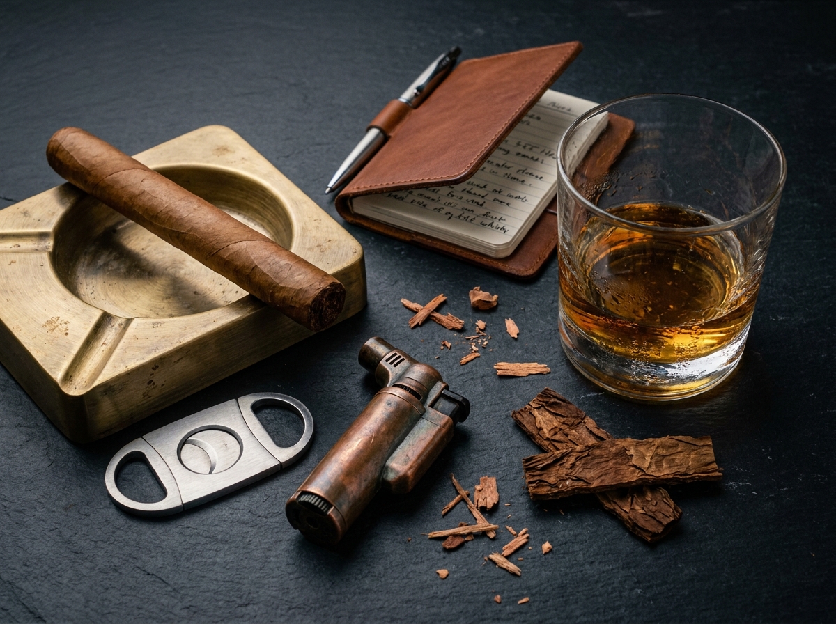 Accessoires indispensables pour une dégustation de cigare : coupe-cigare, briquet, cendrier en laiton et verre de whisky