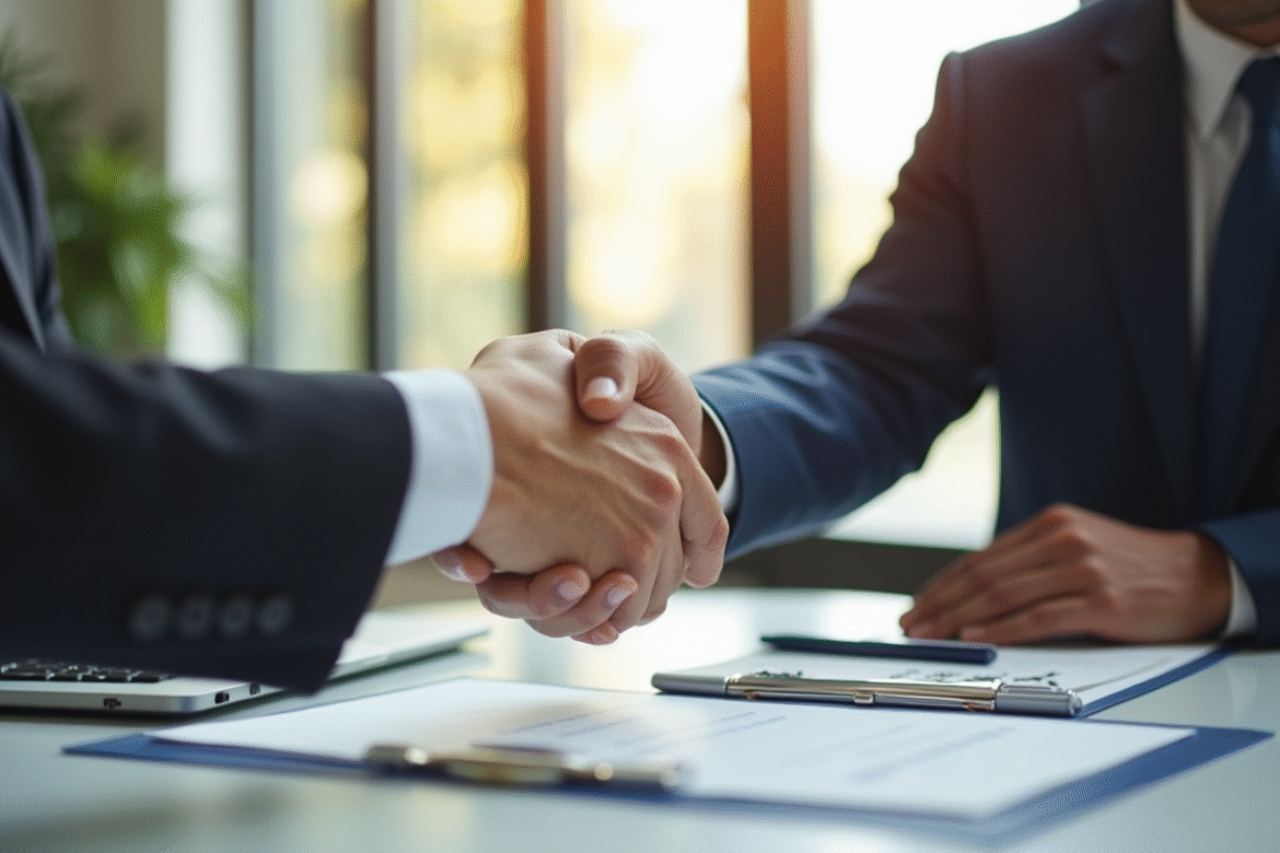 Acheteur immobilier serrant la main du notaire dans un bureau moderne