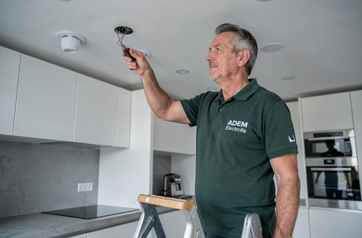 Électricien ADEM Électricité installant des spots encastrés dans une cuisine moderne à Boulogne-Billancourt