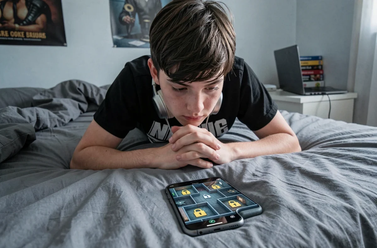 Adolescent allongé sur son lit cherchant la solution d'un niveau du jeu Rooms and Exits sur son téléphone