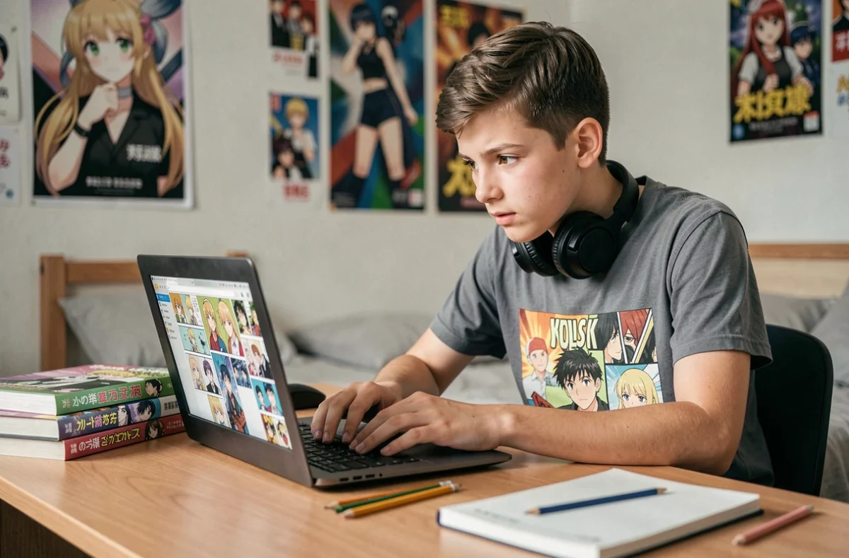 Adolescent concentré lisant des scans de manga sur un ordinateur portable dans sa chambre décorée d'affiches d'anime
