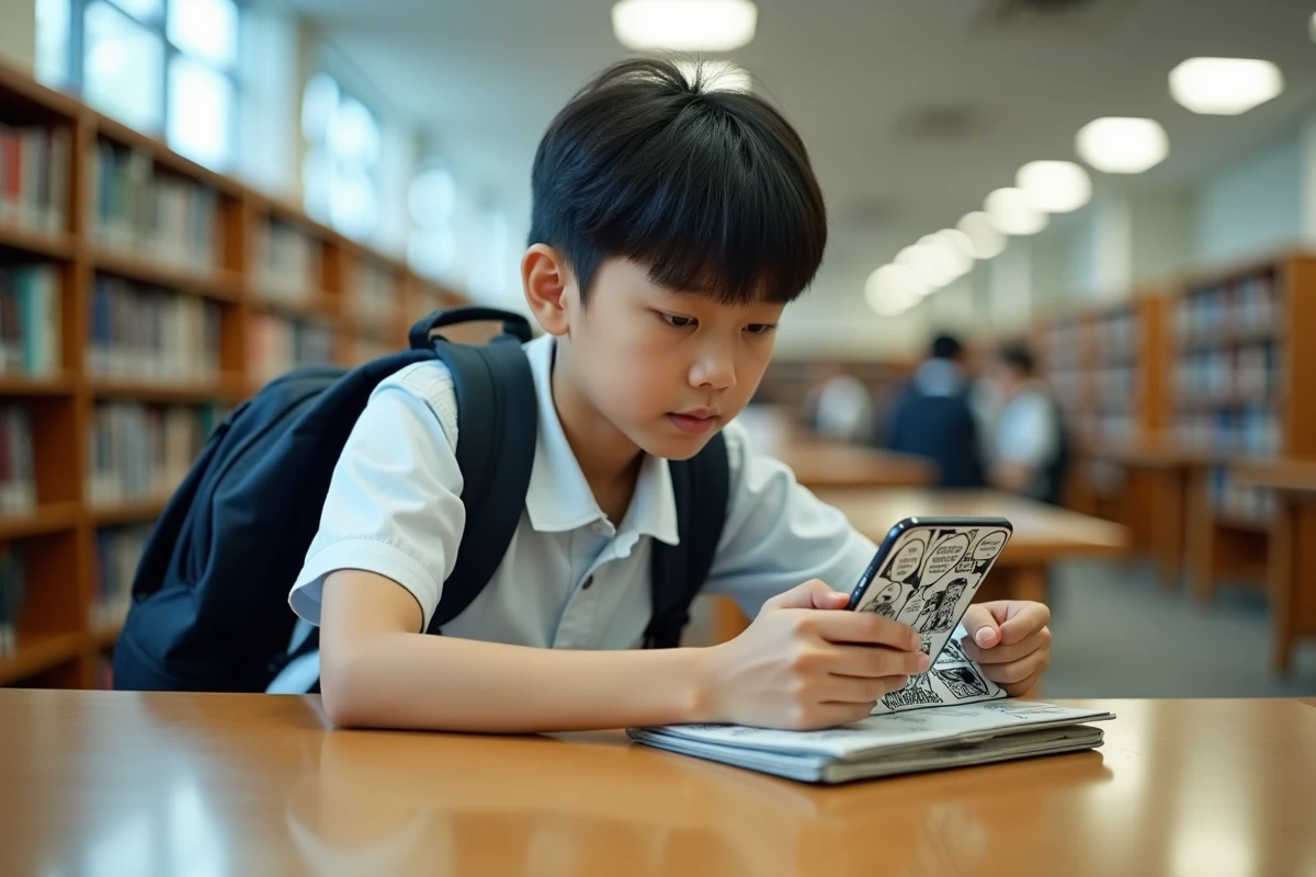 Adolescent lisant un chapitre de scan One Punch Man sur smartphone dans une bibliothèque scolaire