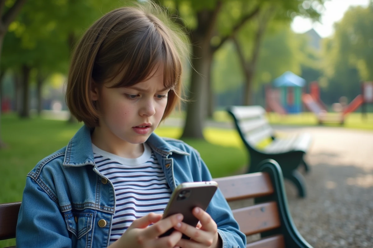Jeune fille regardant son smartphone sur un banc de parc
