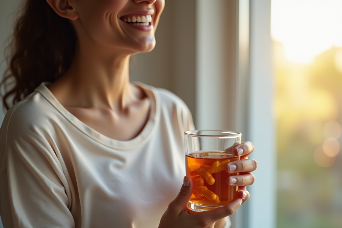 Adulte souriant prenant un complément de vitamine B12 près d