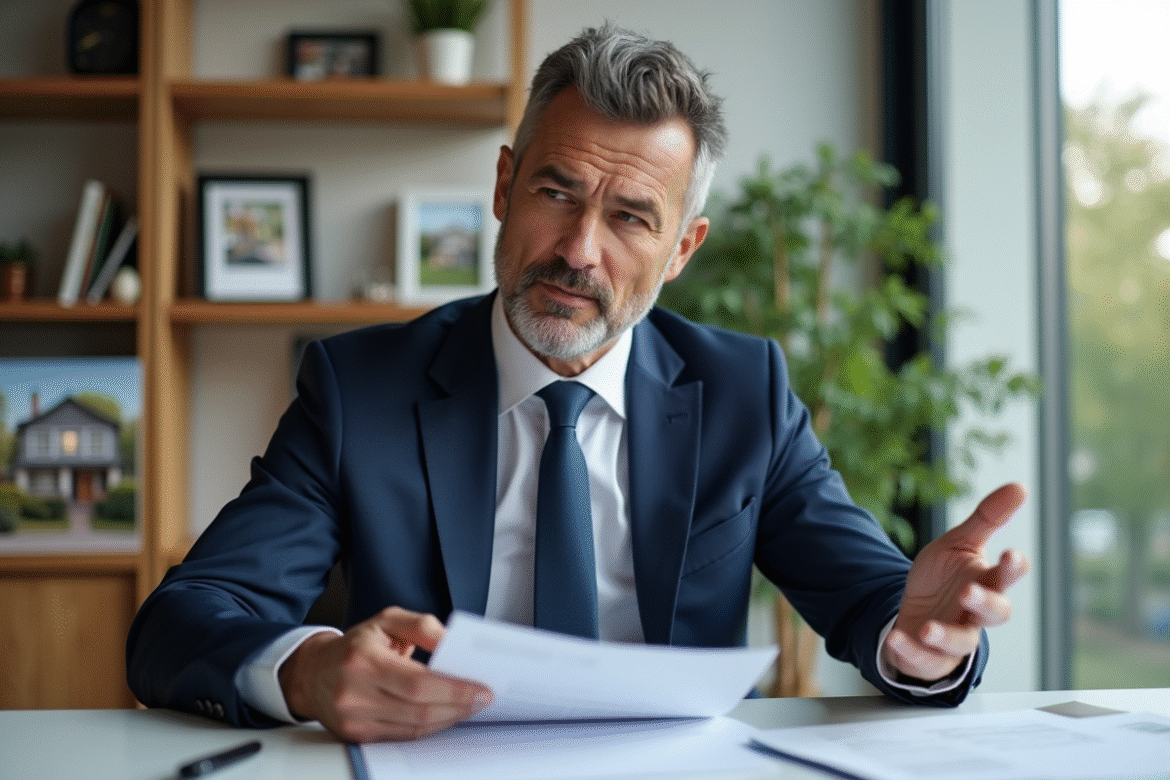 Agent immobilier en costume bleu dans un bureau professionnel