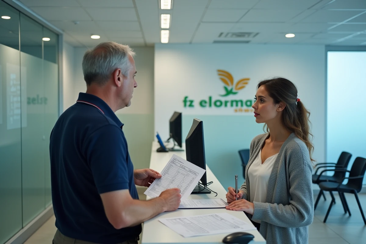 Agent de la fonction publique discutant d'un bulletin de salaire et d'indices de rémunération avec un collègue au guichet