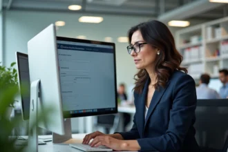Agente administrative utilisant un portail numérique sécurisé sur son ordinateur dans un bureau gouvernemental moderne