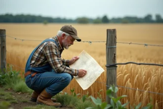 Agriculteur examinant un plan parcellaire manuscrit à la bordure d'un champ de blé pour calculer la superficie en hectares