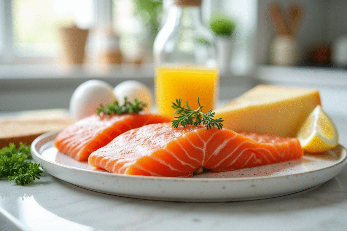 Aliments frais riches en vitamine B12 comme saumon oeufs et fromage