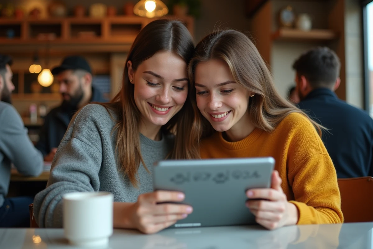 Deux amis consultant une application radio sur tablette dans un café pour découvrir comment être rappelé par l'animateur de Skyrock