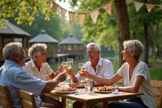 Groupe d'amis souriants à la guinguette au bord de la rivière