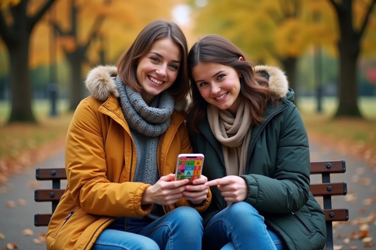 Deux amis jouant ensemble à 4 Images 1 Mot sur un banc de parc en automne