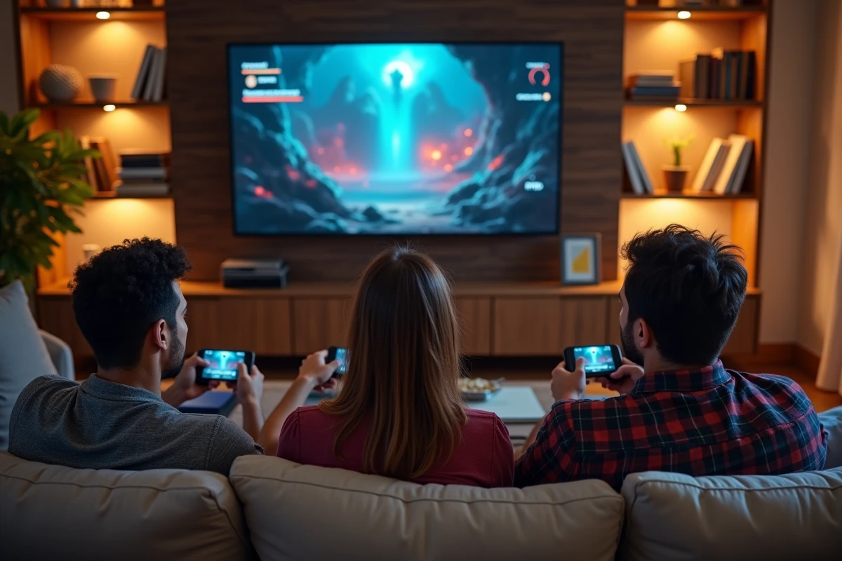 Trois amis jouant ensemble en équipe dans un salon sur un grand écran affichant un jeu de rôle fantastique avec interface de groupe