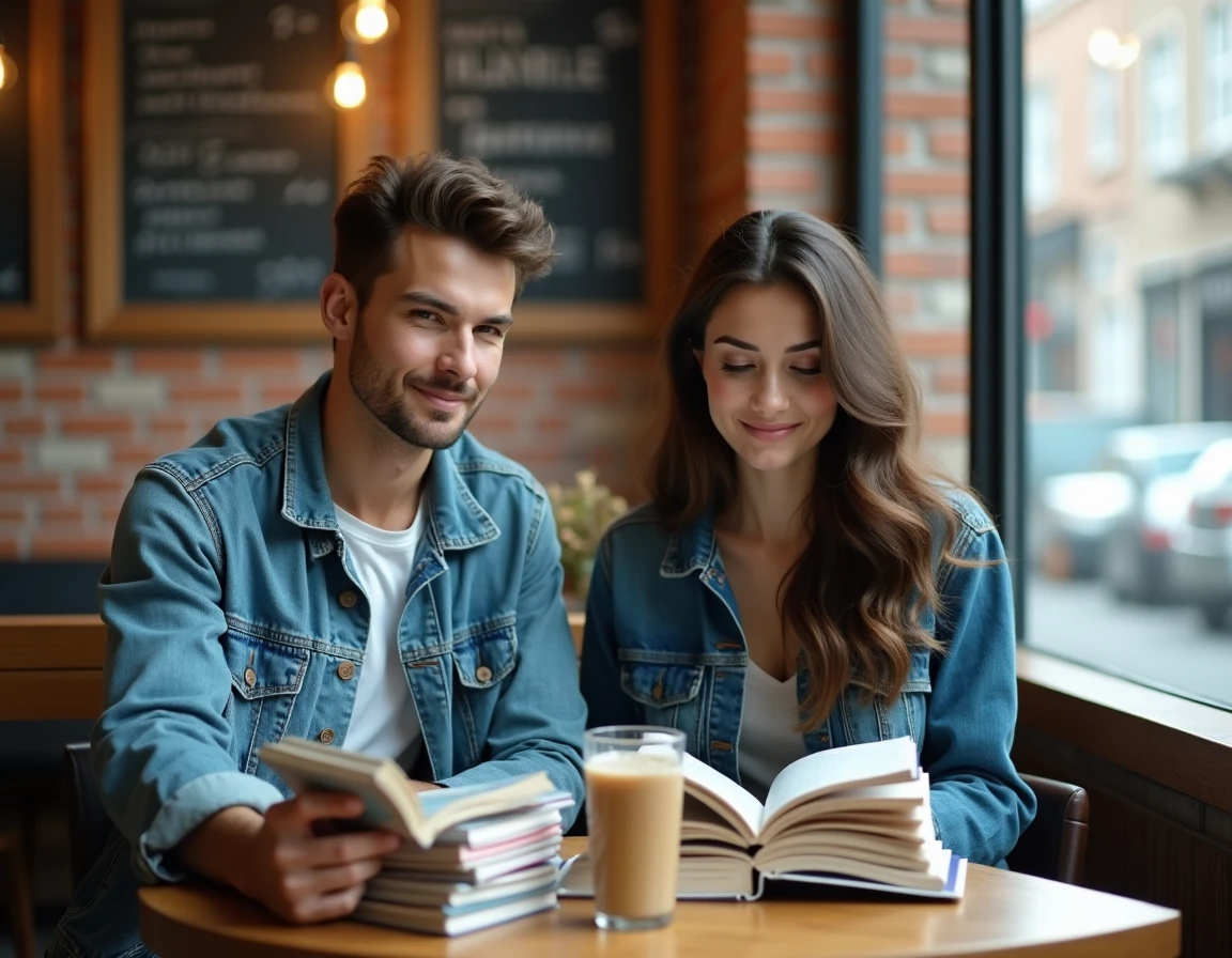 Deux amis lisant des mangas ensemble attablés dans un café urbain avec une pile de volumes posée entre eux