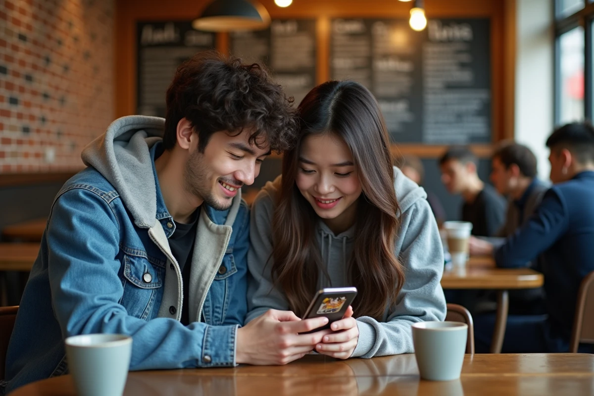 Deux amis passionnés de manga découvrant ensemble un scan de One Piece sur smartphone dans un café