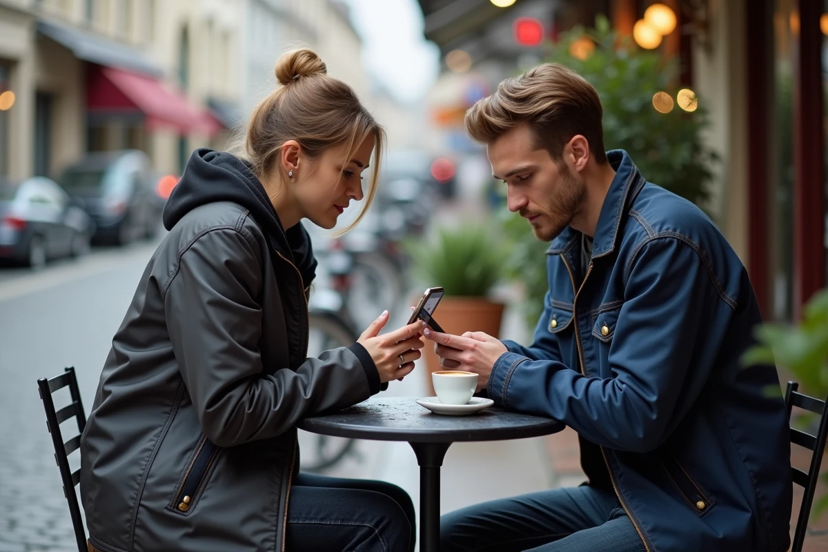 Deux amis lisant ensemble des scans manga en version française sur smartphone en terrasse de café urbain