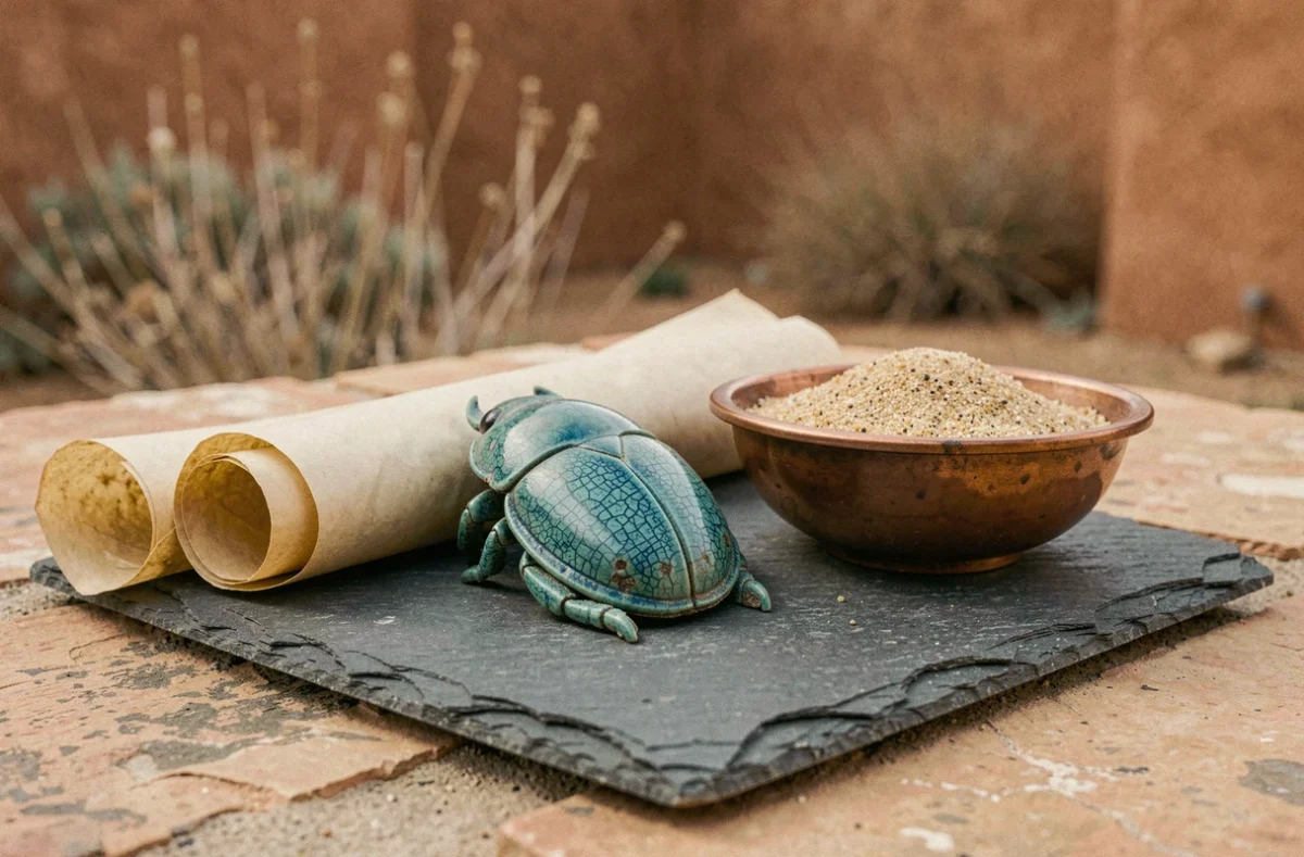 Amulette scarabée égyptienne en faïence bleue posée sur une surface en ardoise avec papyrus et bol en cuivre, évoquant le symbolisme antique du scarabée