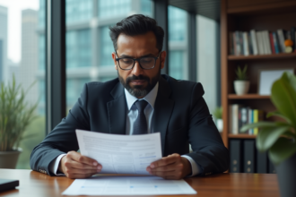 Analyste financier indien en costume dans un bureau moderne