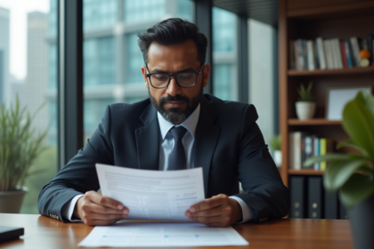 Analyste financier indien en costume dans un bureau moderne