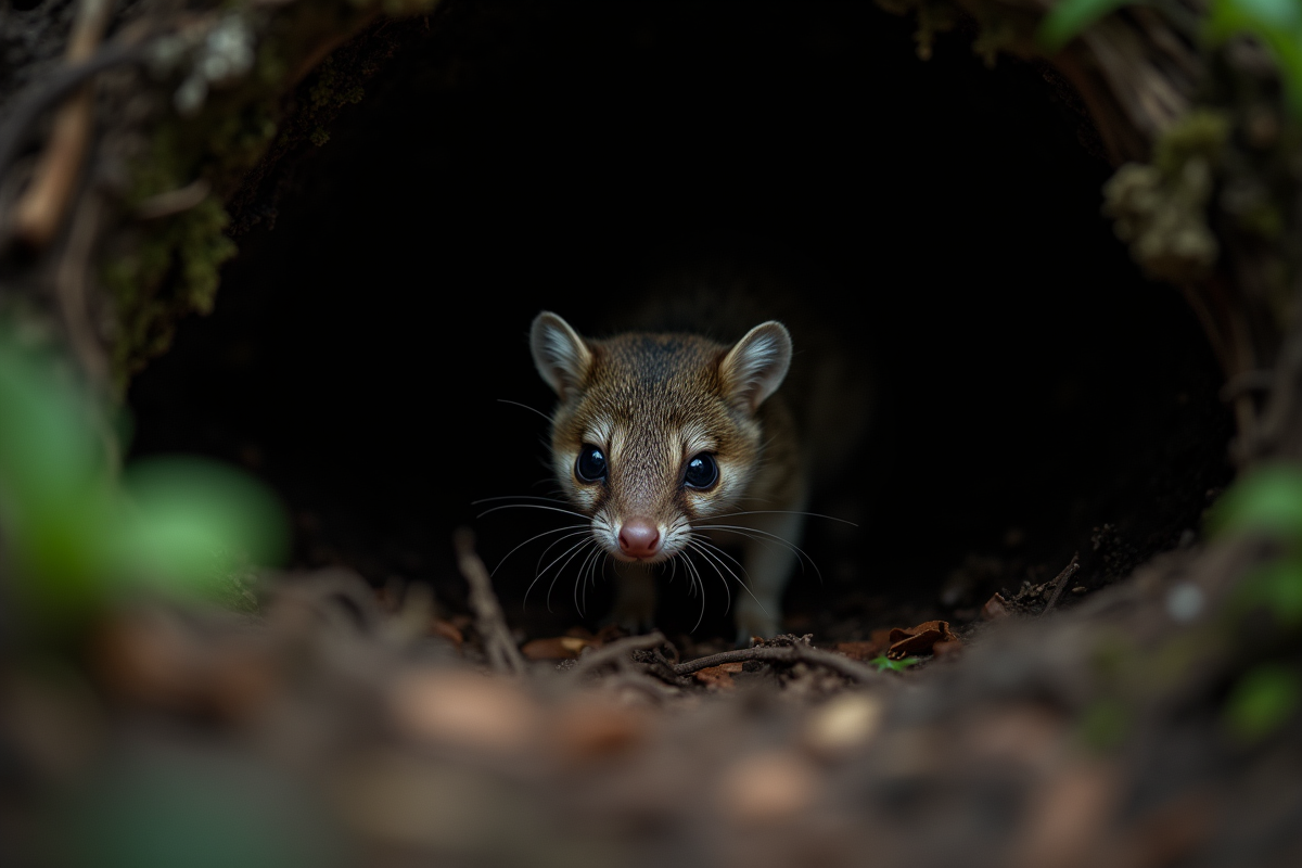 Animal dans un terrier sombre en forêt