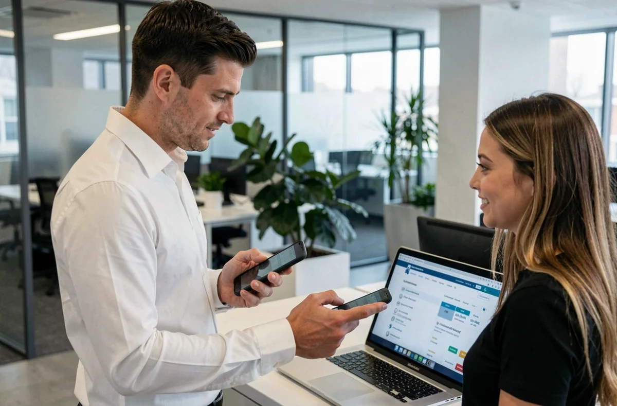 Deux collègues consultant un annuaire téléphonique légal en ligne pour identifier un numéro de portable au bureau
