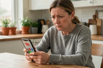 Femme inquiète recevant un appel d'un numéro inconnu en 0270 sur son smartphone dans une cuisine