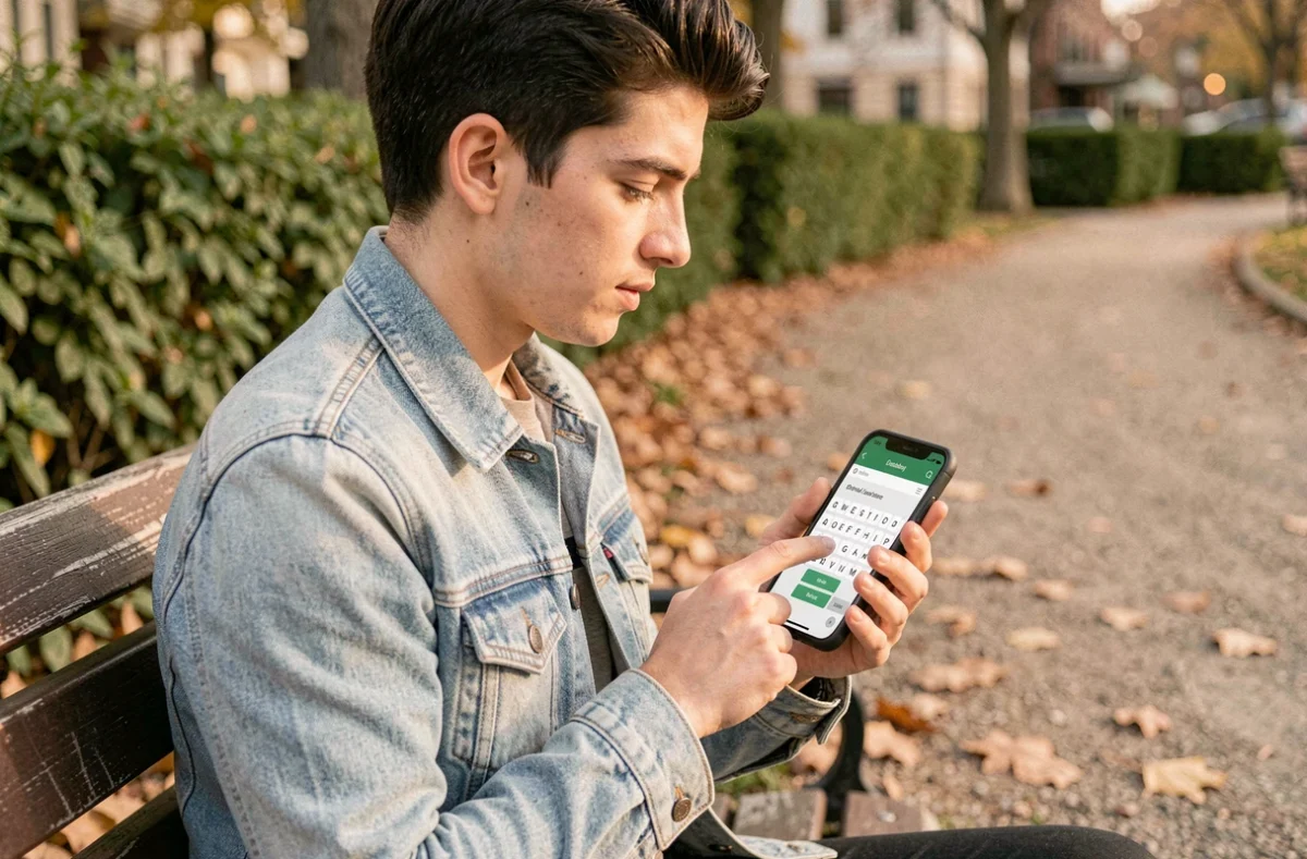Personne utilisant une application de solveur de mots hors ligne sur smartphone dans un parc sans connexion internet