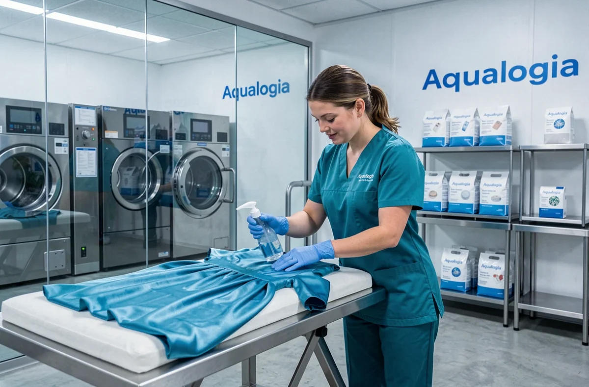 Technicienne d'Aqualogia à Tourcoing traitant une robe en soie avec soin dans un atelier de nettoyage professionnel