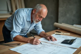 Architecte calculant la pente d'un toit en degrés et pourcentage sur des plans techniques