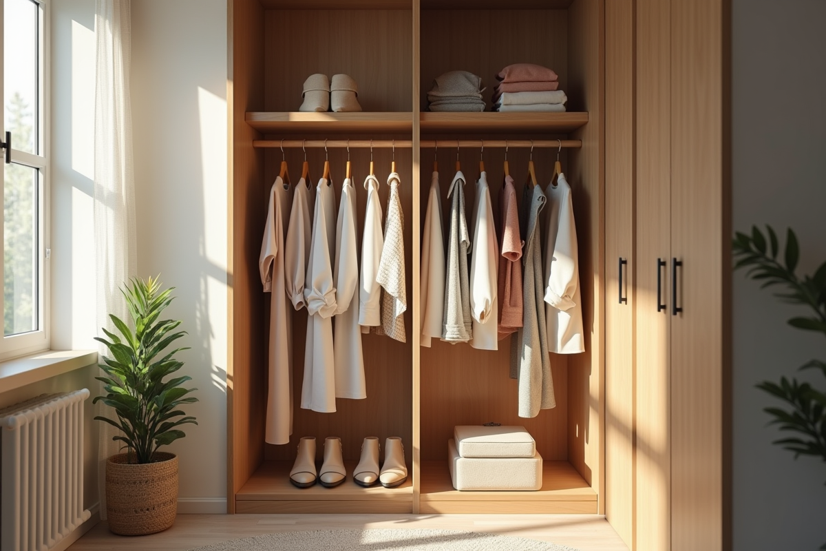 Armoire bien rangée avec vêtements tendance et classiques
