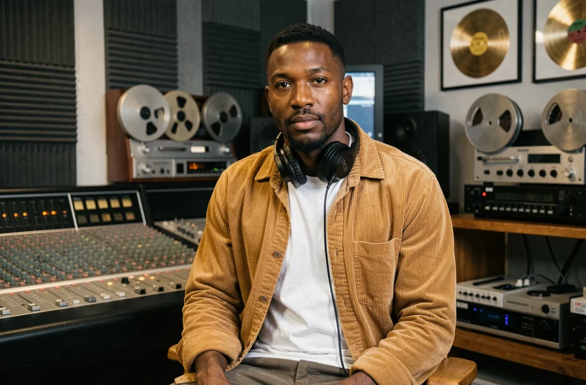 Artiste soul dans un studio d'enregistrement professionnel entouré d'équipements musicaux vintage