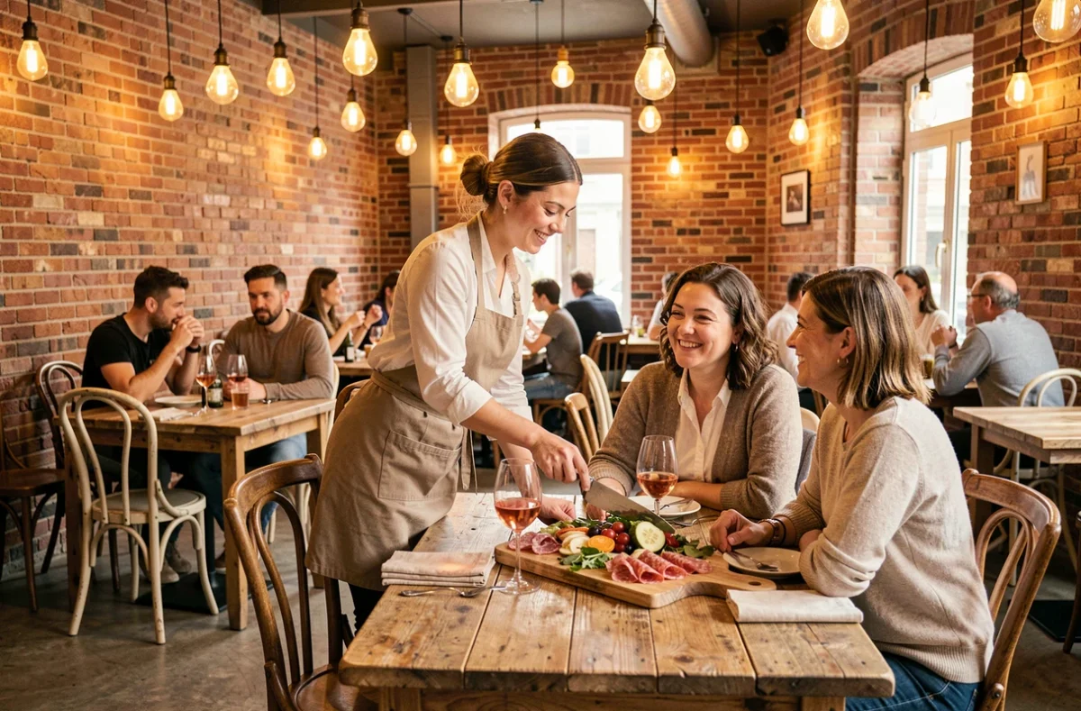Serveuse déposant une planche de charcuterie et des verres de rosé sur une table en bois à L'Authentique, bar-restaurant de Calais, dans une ambiance de bistrot convivial.