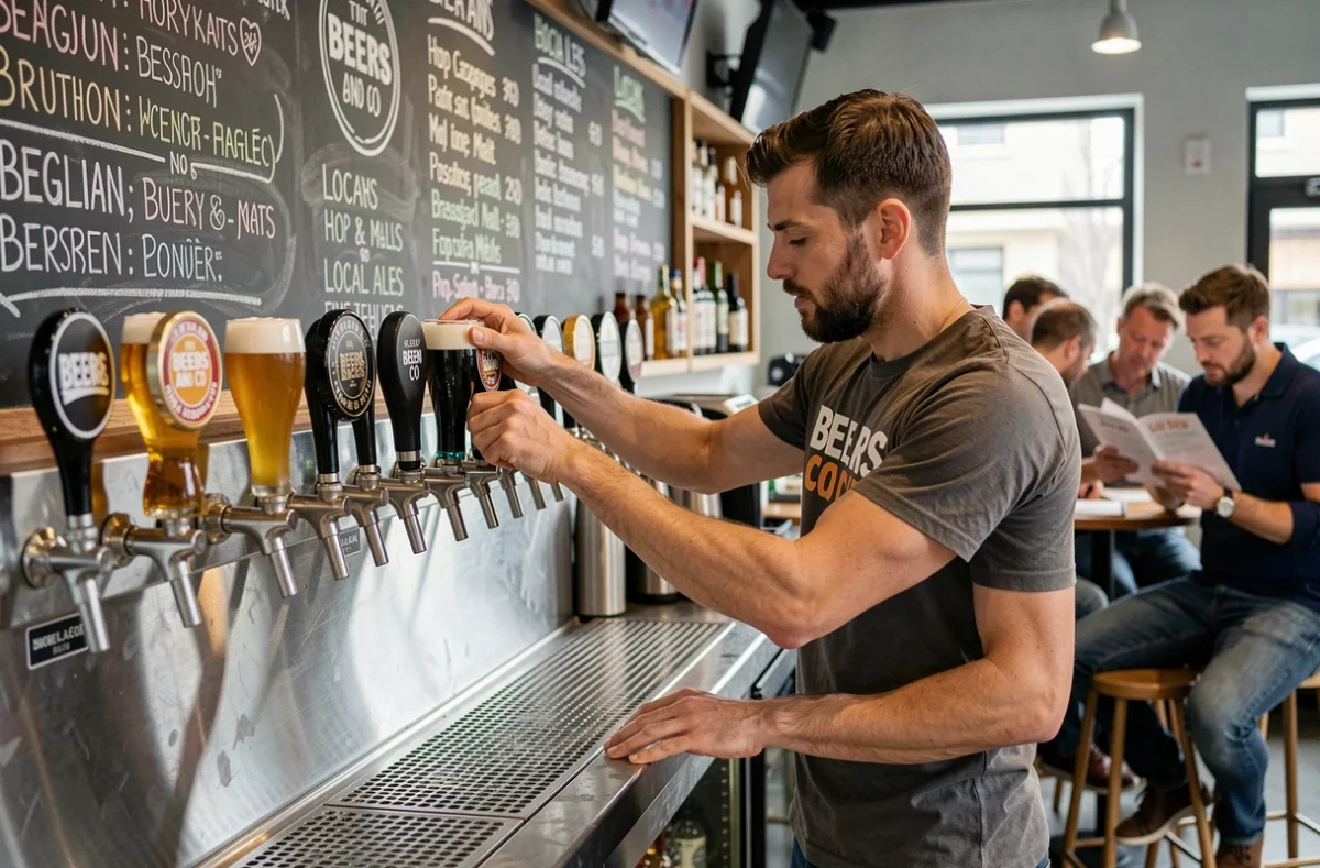 Barman tirant une pinte de bière à la pression au bar Beers and Co de Bruay-la-Buissière, devant un mur de robinets et un grand tableau noir listant les bières artisanales disponibles.