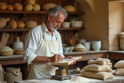 Boulanger artisanal pesant des matières premières sur une balance en laiton dans une boulangerie traditionnelle à Aix-en-Provence