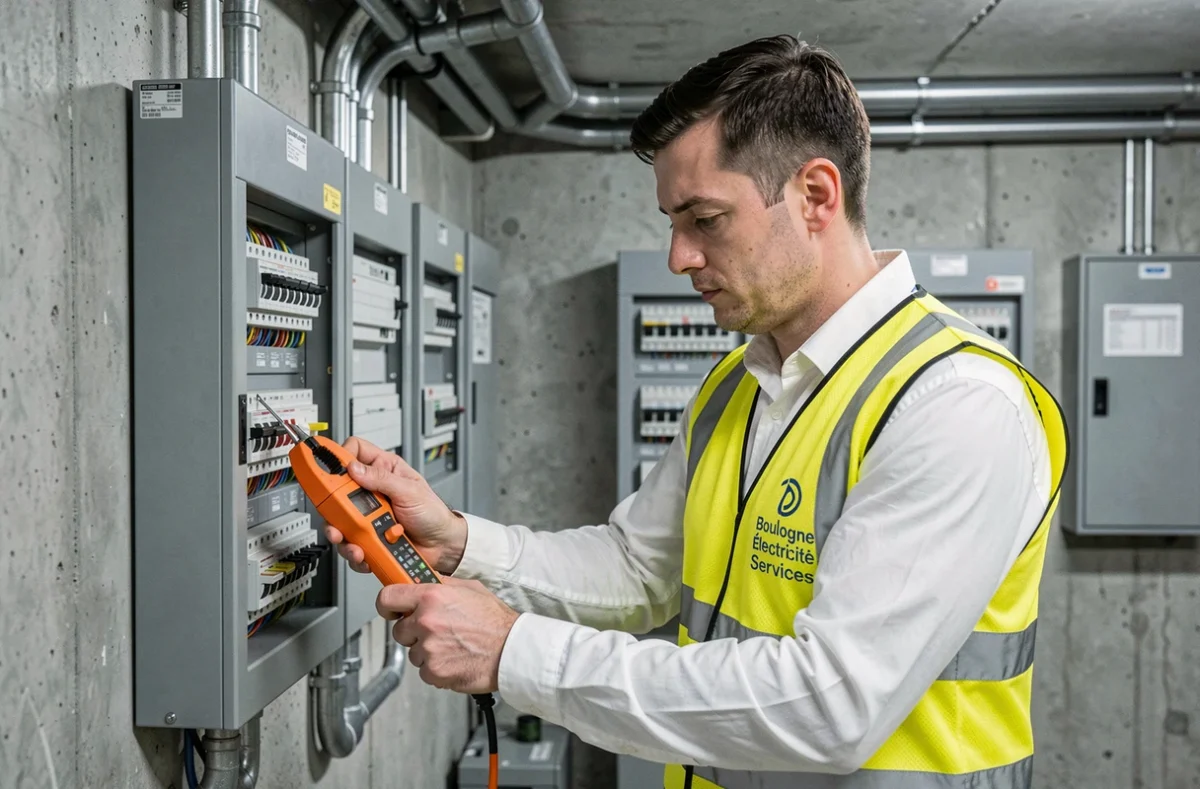 Électricien de Boulogne Électricité Services testant un tableau de distribution en sous-sol à Boulogne-Billancourt