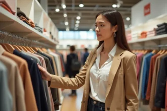 Femme parcourant les rayons vêtements d'une boutique OVS Paris avec une expression attentive