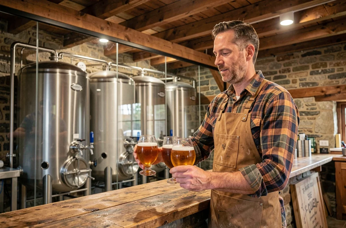 Brasseur présentant un plateau de dégustation de bières artisanales à la Brasserie Quentovic de Beaurainville, avec des cuves de fermentation visibles en arrière-plan dans un cadre rustique.
