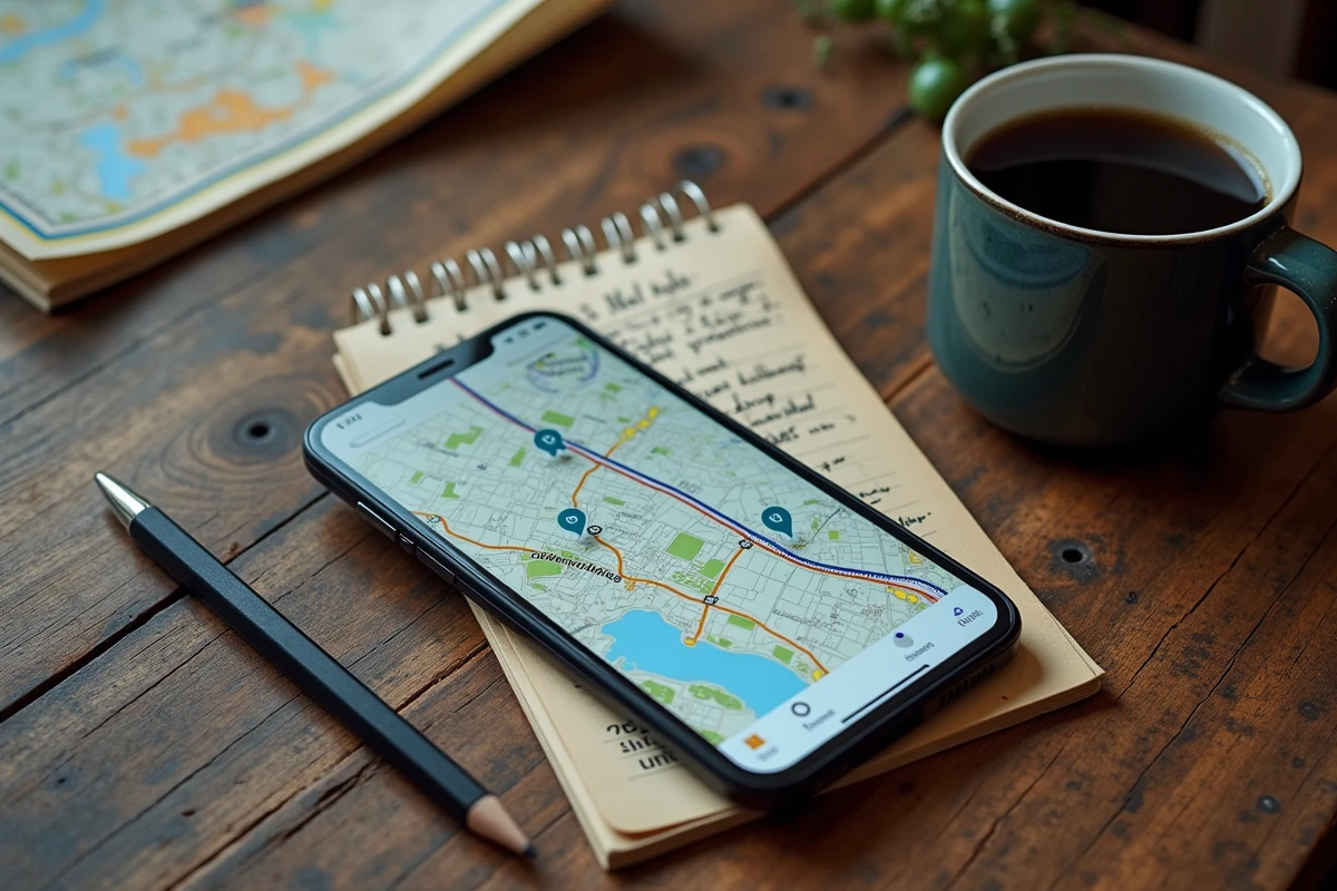 Vue aérienne d'un bureau avec un smartphone affichant une carte en miles et kilomètres et des notes de conversion manuscrites