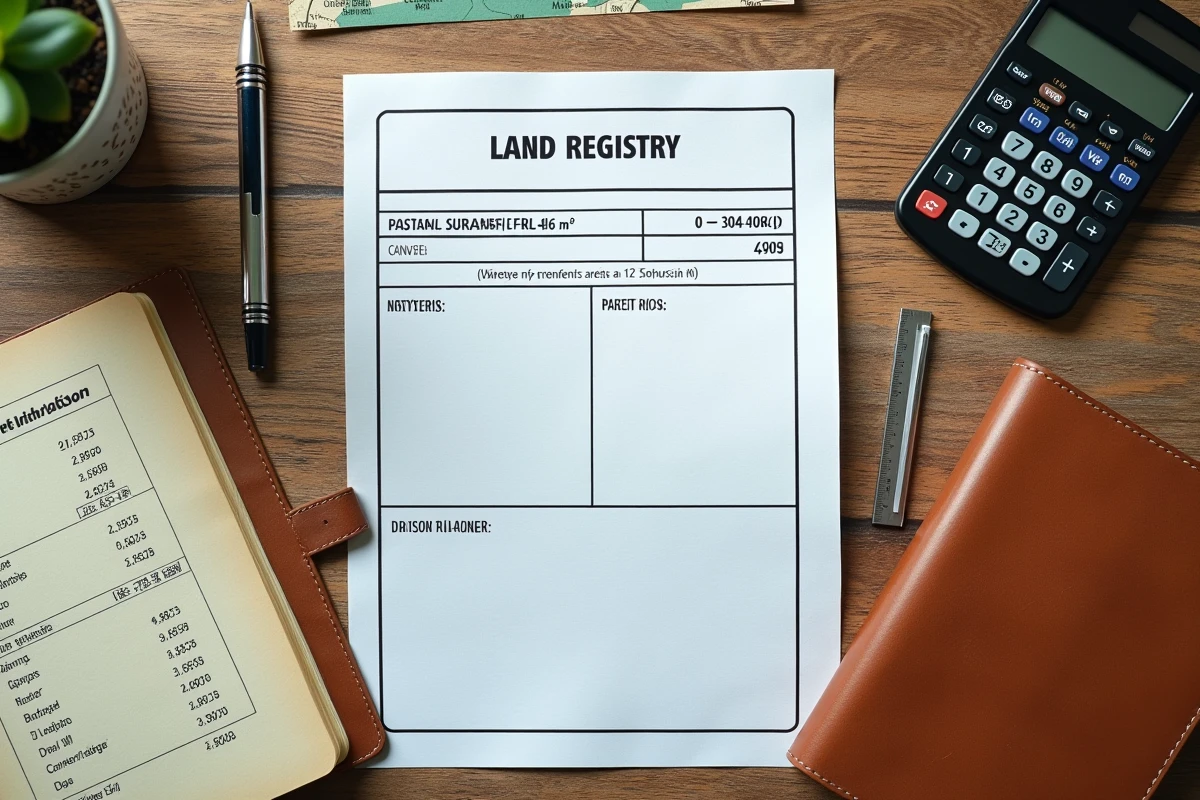 Vue aérienne d'un bureau avec documents fonciers, calculatrice et notes manuscrites pour la conversion de mètres carrés en hectares