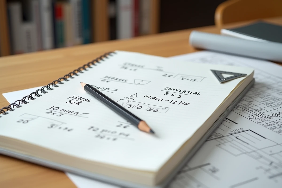 Cahier technique avec formules de conversion degrés en pourcentage pour calcul de pente de toit