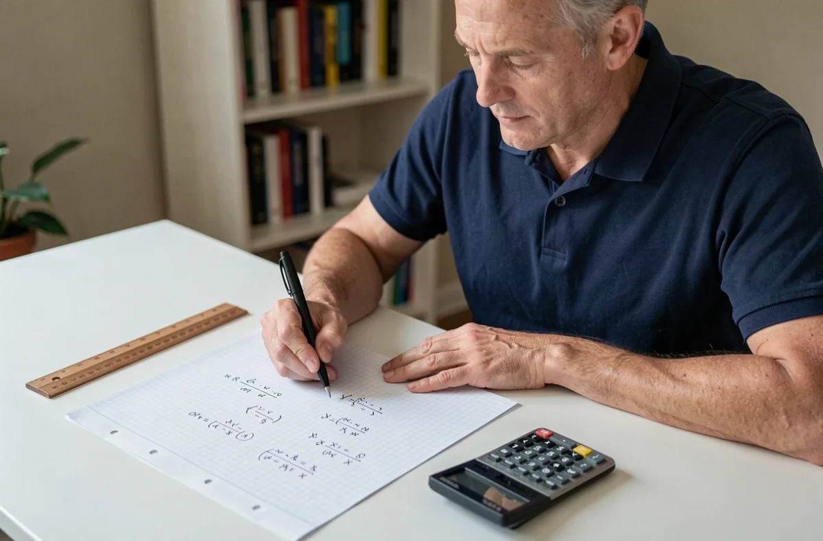 Homme calculant la conversion de mètres carrés en centimètres carrés sur une feuille de papier quadrillé avec une calculatrice et une règle