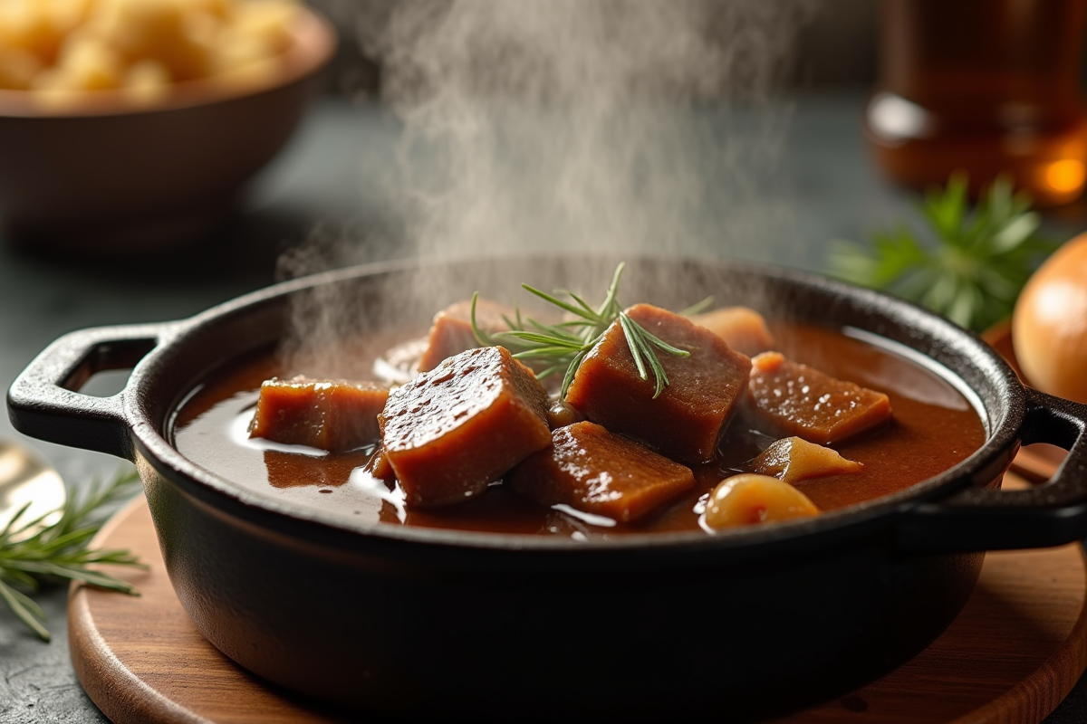 Gros plan sur la carbonade de boeuf en sauce dans une cocotte