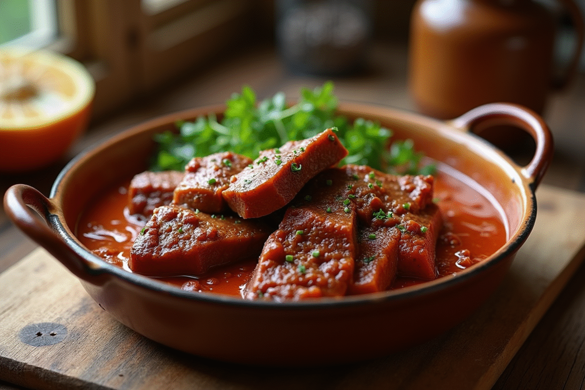Carbonade de boeuf rustique dans une assiette en céramique