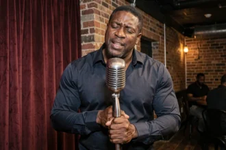 Chanteur soul américain interprétant une performance émouvante dans un club de jazz vintage avec microphone rétro