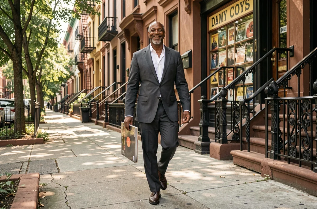 Chanteur soul américain dans un quartier historique urbain devant une boutique de disques vinyles