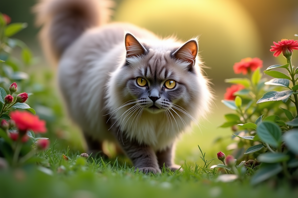 Chat persan chinchilla explorant un jardin luxuriant