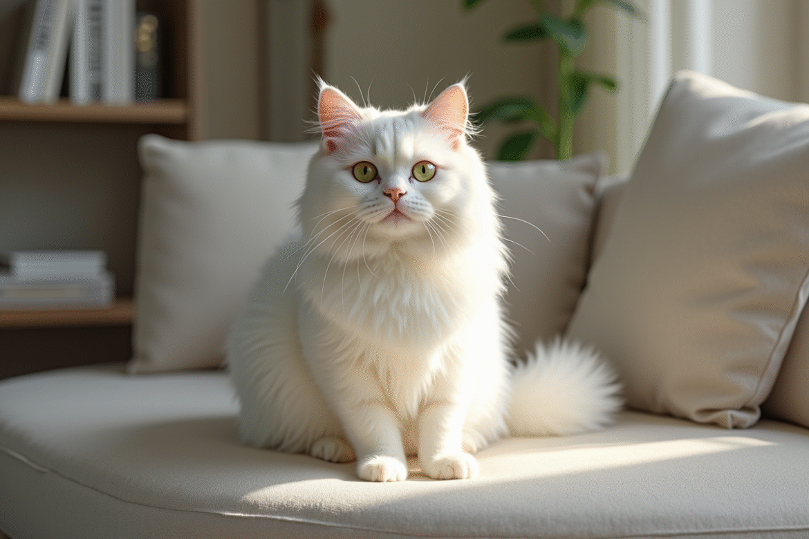 Chat persan chinchilla assis sur un canapé moderne