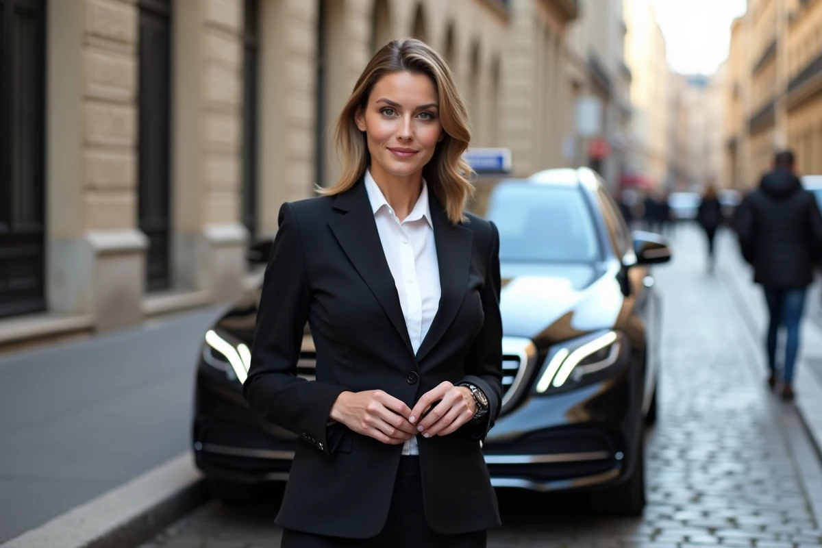 Une chauffeuse privée professionnelle attendant son client près d'une berline noire à Marseille