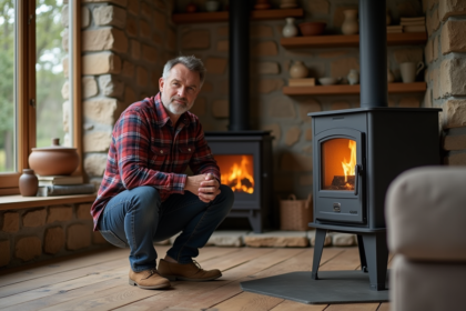 Homme en flanelle près d'une cheminée moderne chaleureuse