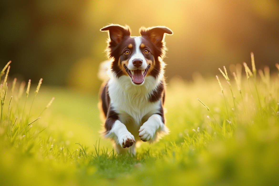 Chien croisé Border Collie et Australian Shepherd courant dans un pré ensoleillé